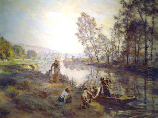 Figures by a Country Stream Oil Painting by Leon Augustin Lhermitte