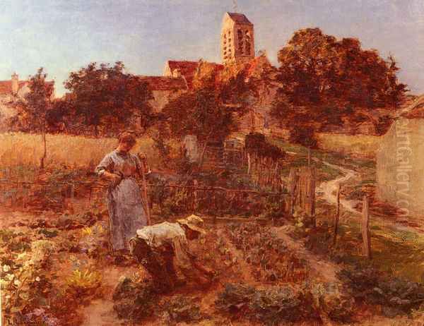 Au Jardin, Charteves, Pres De Mont-Saint-Pere (In the Garden, Charteves, Close to Mont-Saint-Pere) Oil Painting by Leon Augustin Lhermitte