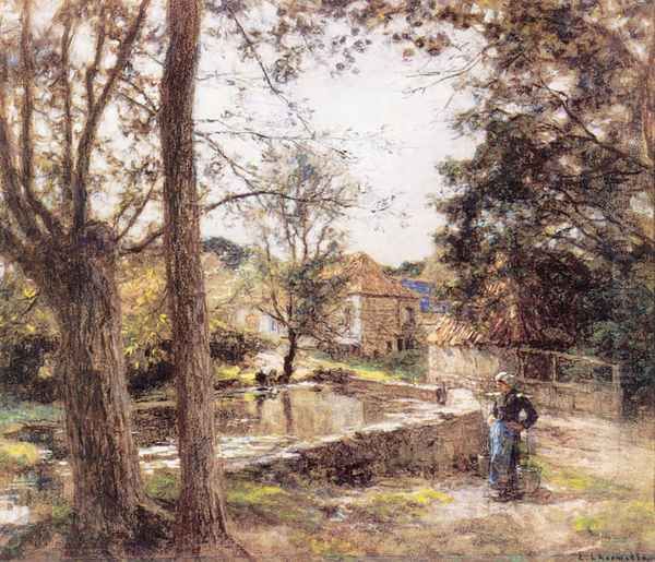 Le Lavoir prés de la Ferme d'Erlan (Pas-de-Calais) (The Laundress of Erlan Farm (Pas-de-Calais)) Oil Painting by Leon Augustin Lhermitte