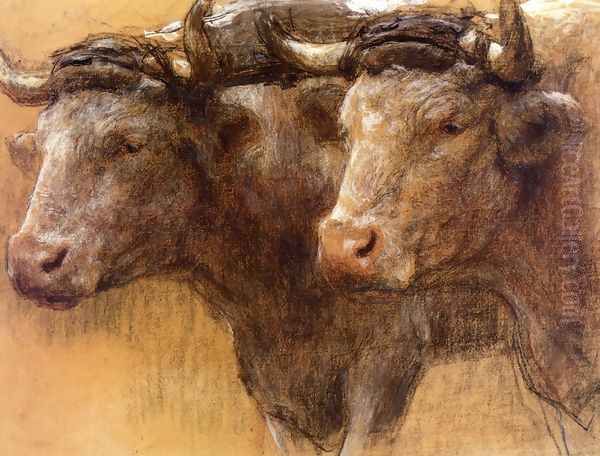 Heads of Two Oxen, Study for 'La Famille' Oil Painting by Leon Augustin Lhermitte