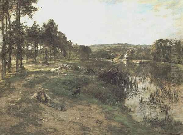 Troupeau au bord de l'eau (Herd at the Edge of water) Oil Painting by Leon Augustin Lhermitte