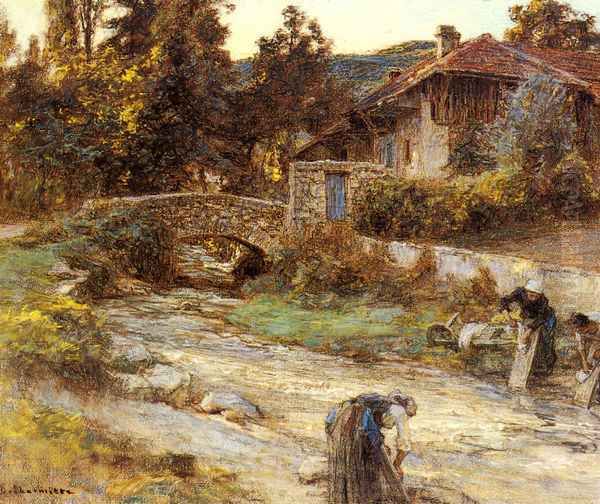 Washerwomen at a Stream with Buildings beyond Oil Painting by Leon Augustin Lhermitte