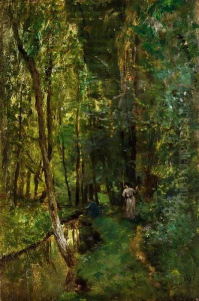 Waldinneres Mit Bachlauf, Angler Undfrau Oil Painting by Charles-Francois Daubigny