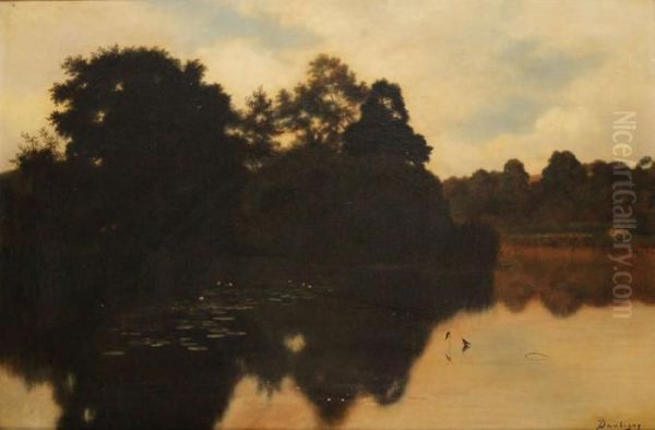 Vijver Met Waterlelies Omringd Door Bomen Oil Painting by Charles-Francois Daubigny