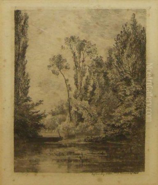 Wooded River Landscape With Punt Oil Painting by Charles-Francois Daubigny