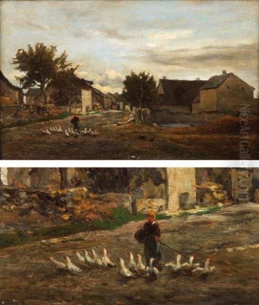 Le Troupeau D'oies, Village Pres Debarbizon Oil Painting by Charles-Francois Daubigny