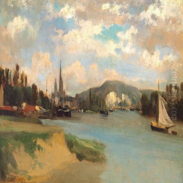 City On A River Bank In France, Presumably The Harbour Of Rouen Oil Painting by Charles-Francois Daubigny