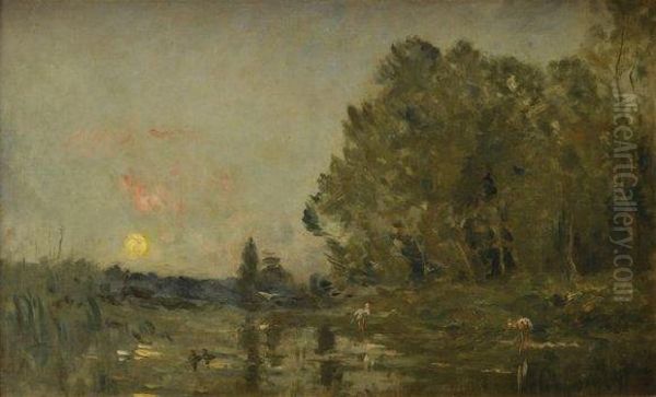 La Mare Aux Herons Oil Painting by Charles-Francois Daubigny