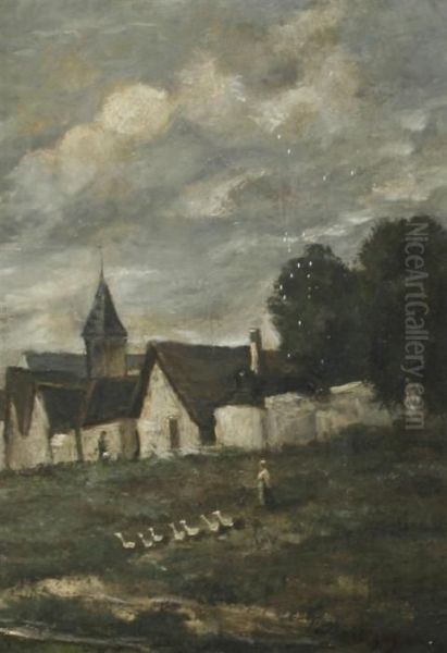 Woman And Geese With Village Beyond Oil Painting by Charles-Francois Daubigny