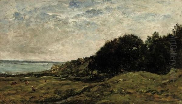 Grazing Cows In A Meadownear Villerville Oil Painting by Charles-Francois Daubigny