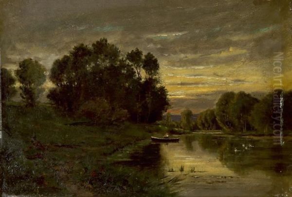 Bei Sonnenuntergang Am Flussufer Oil Painting by Charles-Francois Daubigny