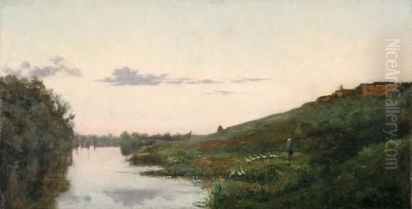 L'aube, Paysanne Et Ses Canards. Oil Painting by Charles-Francois Daubigny