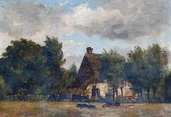 Cows In A Pasture Beside A Farm Oil Painting by Charles-Francois Daubigny