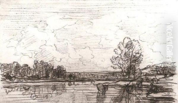 Au Bord De La Riviere, Environ De Bezons by Charles-Francois Daubigny