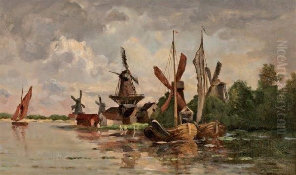 Moulins A Dordrecht Oil Painting by Charles-Francois Daubigny