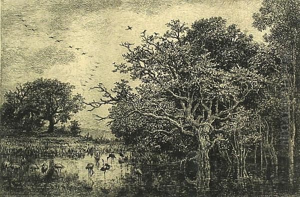 Le Marais (aux Cigognes) Oil Painting by Charles-Francois Daubigny