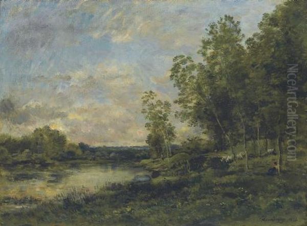 Gardeuse De Moutons Pres De La Riviere Oil Painting by Charles-Francois Daubigny