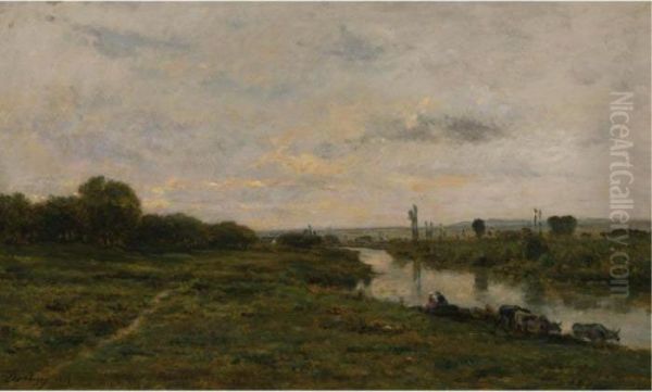 Vaches Au Bord De La Seine, A Conflans Oil Painting by Charles-Francois Daubigny