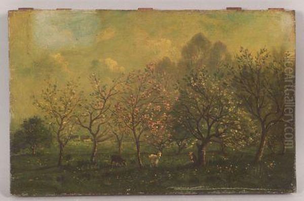 Shepherdess With Goats In An Orchard. Oil Painting by Charles-Francois Daubigny