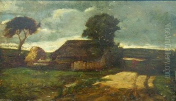 Farm In A Landscape Under Darkening Skies Oil Painting by Charles-Francois Daubigny