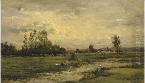 Un Paysage Avec Des Lavandieres Au Bord D'une Riviere Oil Painting by Charles-Francois Daubigny