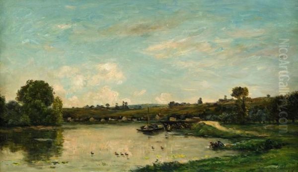 Les Laveuses Pres De Valmondois Oil Painting by Charles-Francois Daubigny