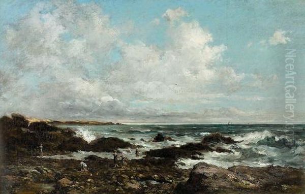 Kustenpartie Mit Krevettensammlerinnen. Oil Painting by Charles-Francois Daubigny