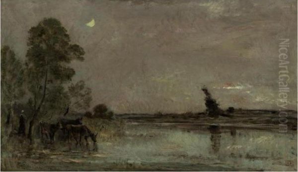 L'abreuvoir, Effet De Lune Oil Painting by Charles-Francois Daubigny