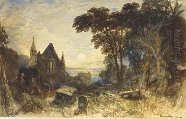 Un Paysage Nocturne Avec Une Eglise Et Un Cimetiere Au Premier Plan Oil Painting by Charles-Francois Daubigny