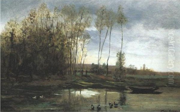 Riviere Avec Six Canards Oil Painting by Charles-Francois Daubigny