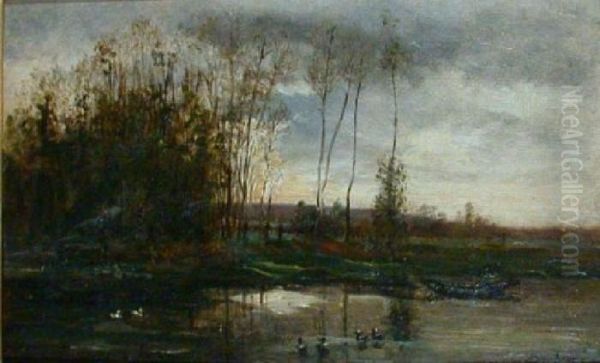 Riviere Avec Six Canards Oil Painting by Charles-Francois Daubigny