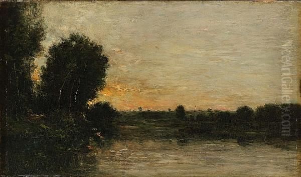 A River Landscape, Possibly Les Bords De L'oise Oil Painting by Charles-Francois Daubigny