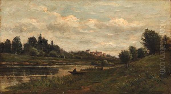 Pecheur Au Bord De La Riviere Oil Painting by Charles-Francois Daubigny