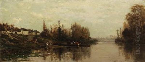 Bac Glouton (ferry At Glouton) Oil Painting by Charles-Francois Daubigny