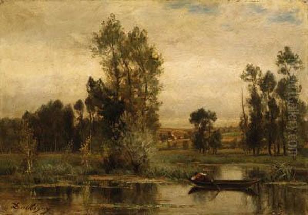 Barque Sur L'tang (boat On The Pond) Oil Painting by Charles-Francois Daubigny