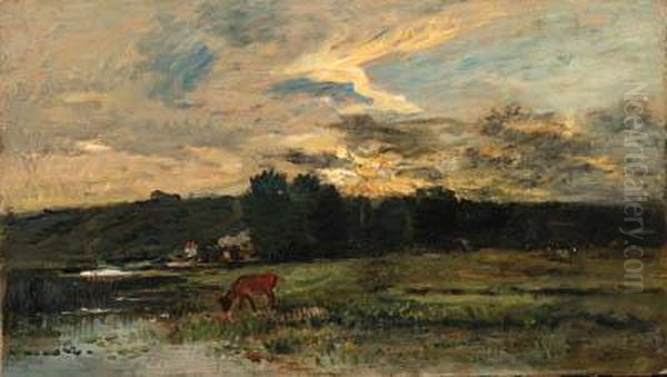 Landscape With Cow Watering At A Quiet Pool Oil Painting by Charles-Francois Daubigny