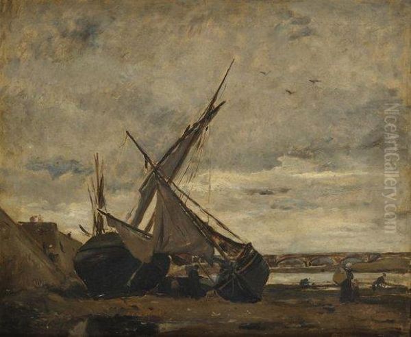 Bateaux Sur La Greve Oil Painting by Karl Pierre Daubigny