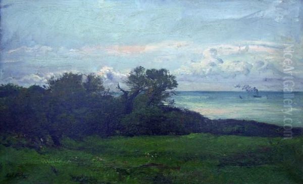 Trees On A Cliff, 
A Steamboat Offshore Oil Painting by Karl Pierre Daubigny