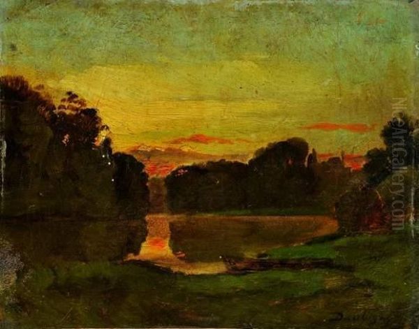 Vue D'un Lac Avec Barque Au Crepuscule Oil Painting by Karl Pierre Daubigny