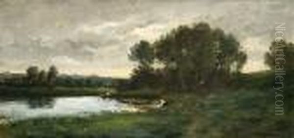 Lavandiere Au Bord D'une Riviere Oil Painting by Karl Pierre Daubigny