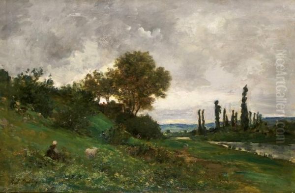 Bergere Et Mouton En Bord De Riviere Oil Painting by Karl Pierre Daubigny