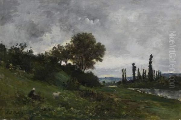 La Bergere Au Bord De L'eau Oil Painting by Karl Pierre Daubigny