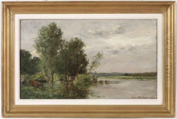 Vaches Au Bord De La Riviere En Crue Oil Painting by Karl Pierre Daubigny