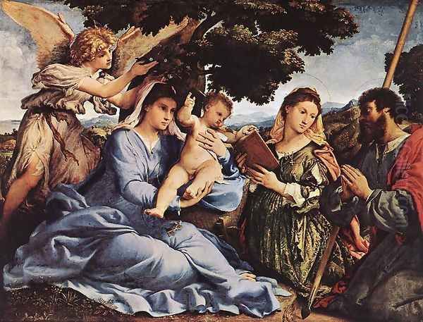 Madonna and Child with Saints and an Angel 1527-28 Oil Painting by Lorenzo Lotto