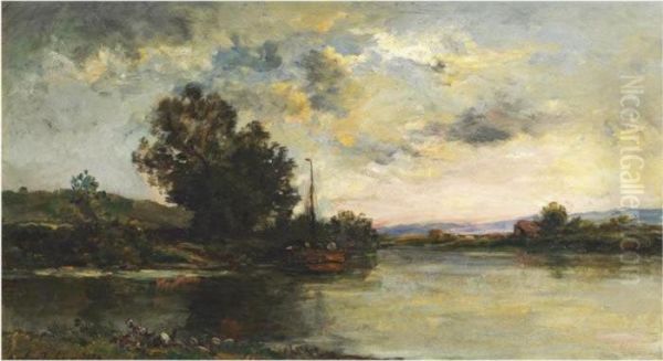 Bateau Sur La Riviere Oil Painting by Karl Pierre Daubigny