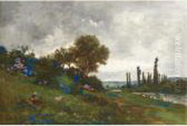 Shepherdess On The Banks Of The River Oil Painting by Karl Pierre Daubigny