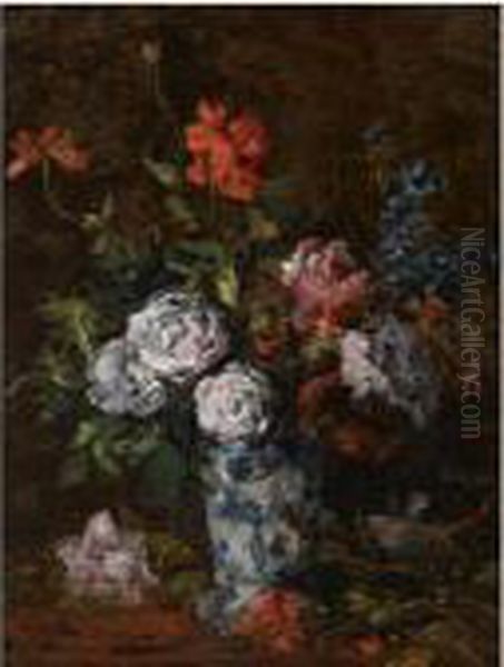 A Flower Still Life Oil Painting by Karl Pierre Daubigny