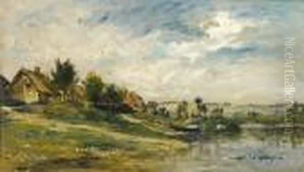 Maison Au Bord D'un Etang Huile 
Surpanneau Cachet De La Vente En Bas A Gauche. 39 X 67 Cm Oil Painting by Karl Pierre Daubigny