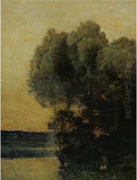 A Stroll Along The River Bank Oil Painting by Karl Pierre Daubigny