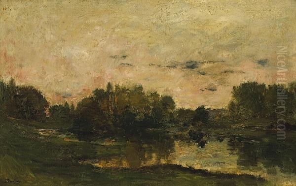 An Extensive Landscape At Sunset With A Lake In The Foreground Oil Painting by Karl Pierre Daubigny